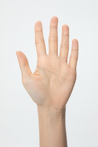 A vertical shot of a hand showing the number five isolated on a white background