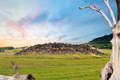 A stack of logs in an empty field under the cloudy sky