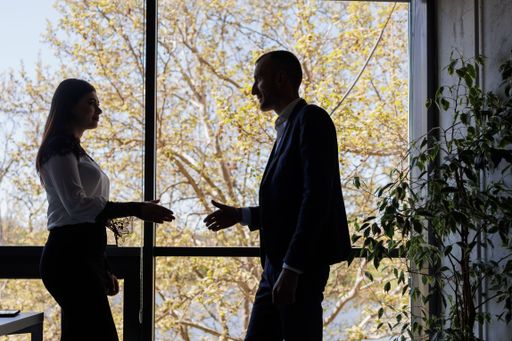 Two professional business people shaking hands in a handshake of agreement while standing in front of a window with lush green trees in the background