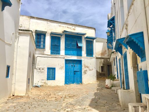 A shot of blue-and-white buildings in Sidi Bou Said, scenic Tunisia