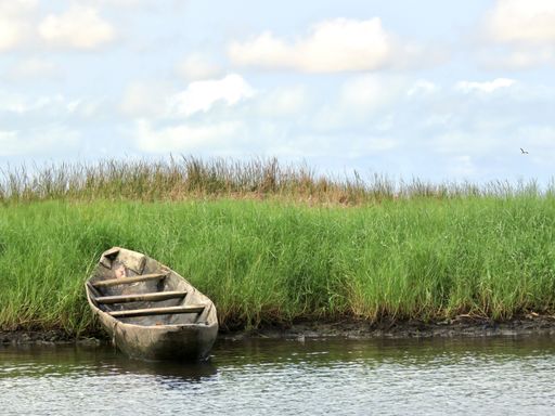 An old rustic lonely boat on the river bank covered with green grass
