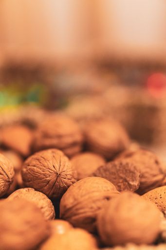 A vertical selective focus shot of walnuts