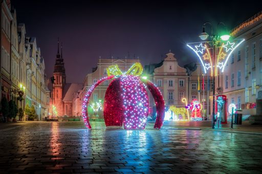 The Opole city decorated with Christmas ornaments and light garlands at night in Poland