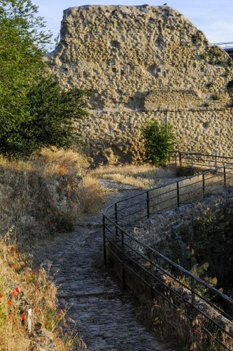 A vertical shot of a bridge with metal railings near a cliff in France in the summer dawn at the Park Colline Saint Europe