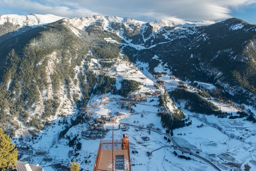 An aerial shot of winter Andorra, Mirador Roc del Quer, Canillo