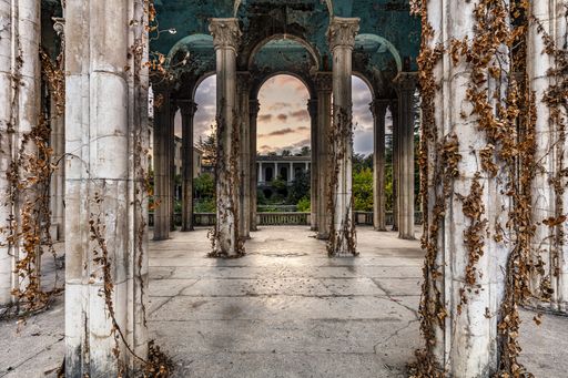 The historical Derelict Sanatorium Medea in Tskaltubo, Georgia during the sunset