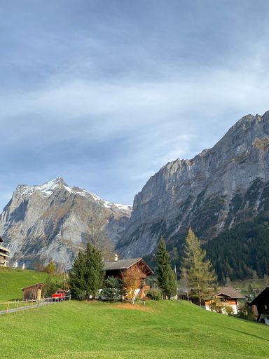A vertical shot of Grindewald village houses with high cliffs and a cloudy sky in the background, Switzerland
