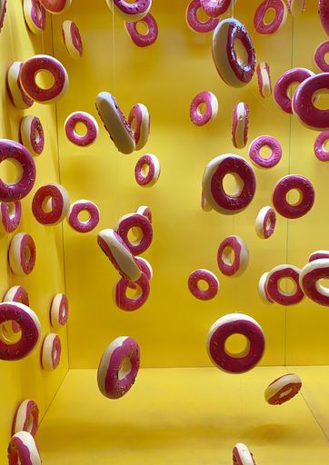A vertical shot of donut figures hanging from ropes in a yellow room