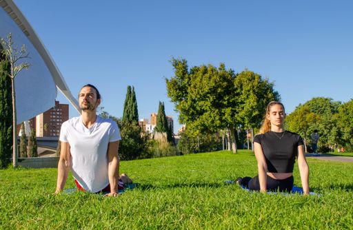 A young Caucasian white couple enjoying yoga exercises in the morning in a green park
