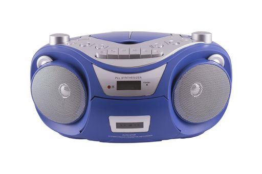 An old blue stereo radio with tape deck, radio and cd on a white background