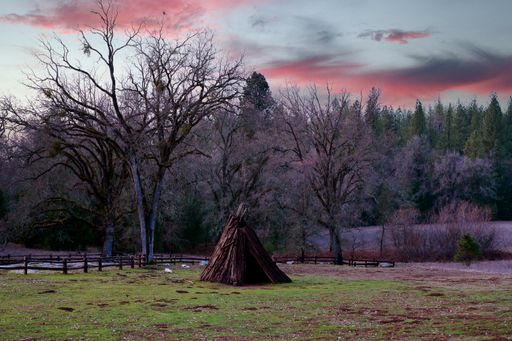 A Native American bark house in California, during a beautiful pink sunset