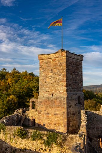 A flag waving on top of Roetteln Castle ruins, Binzen, Germany