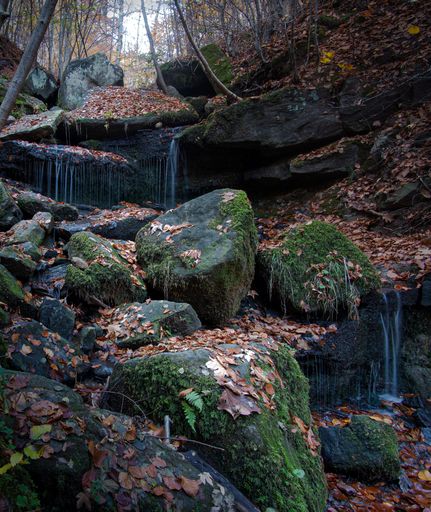 A breathtaking view of Heslach Waterfalls near the city of Stuttgart, Germany surrounded by tall trees