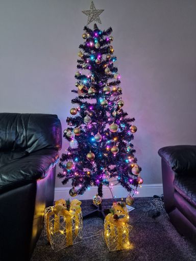 A vertical shot of an illuminated Christmas tree in the room
