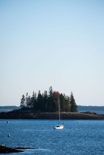 A vertical shot of a boat sailing on a calm coast in Bar Harbor, Maine, USA
