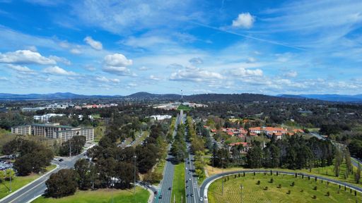 Wide multi lane Commonwealth avenue leading to Capital hill and parliament house in the middle of Canberra city of Australian Capital Territory