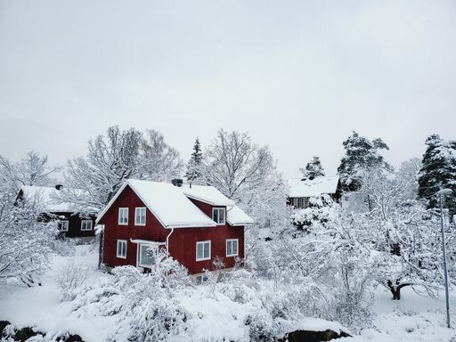 The beautiful countryside houses on a snowy winter day during the daytime