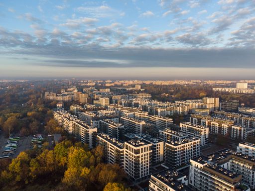 An early morning aerial shot of a new residential area Odolany in Warsaw Wola district.