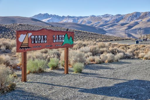 A sign marks the entrance to Topaz Lake, a campground and recreation area in Nevada's Douglas County.