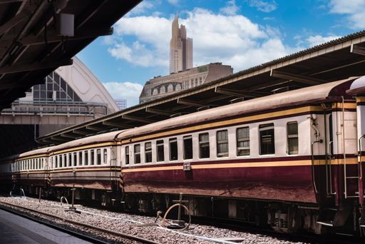 An old train at the Bangkok central station during daytime in Thailand