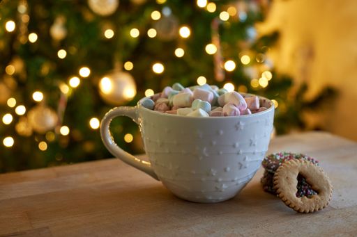 A closeup shot of hot chocolate with marshmallows - Holidays concept