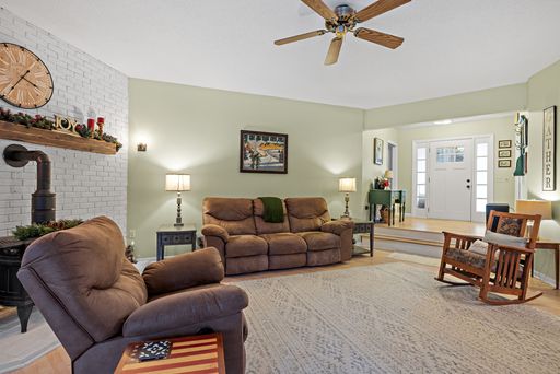 A cozy living room with a brown couch