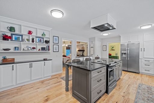 A cozy modern kitchen with lights