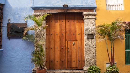 A house with colorful exterior walls and a big wooden entry door with two potted palm trees next to it