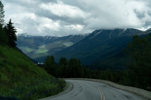 A scenic view of a winding road leading to a valley surrounded by mountains and trees