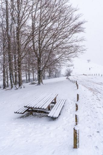 A vertical shot of a snowy picnic area with a bench on Gipuzkoa's mount Aizkorri