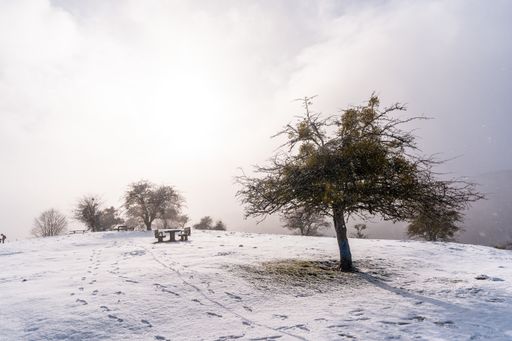 A bright shot of a picnic area with benches covered by snow on the peak of Mount Aizkorri in Gipuzkoa
