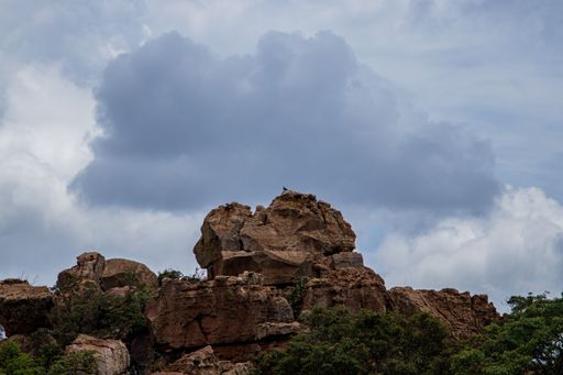 A picturesque landscape with a lush green grassy hill set against a backdrop of rocky terrain and small shrubbery in the foreground