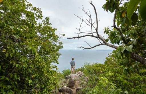 Woman hiker stands on the cliff with backpack and watching the seascape in Koh Tao, Thailand.