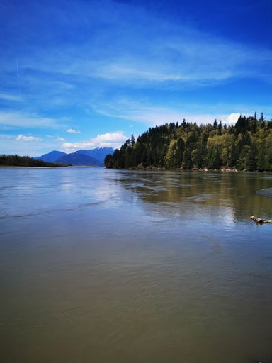 Vertical shot of an amazing view with a lake surrounded by mountains and forests against a blue sky