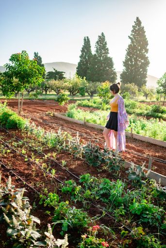 A vertical shot of a young woman checking the vegetables in a garden on a sunny day.