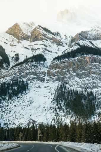 A vertical shot of a road under the mountains covered with snow