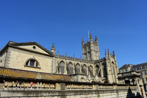 View towards Bath Abbey, Bath, England. May 7 2018. Founded as a monastery in the 7th century, King Edgar was crowned on the site in 973.