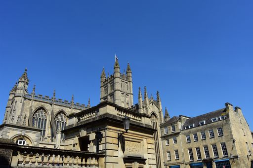 View towards Bath Abbey, Bath, England. May 7 2018. Founded as a monastery in the 7th century, King Edgar was crowned on the site in 973.