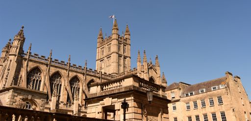 View towards Bath Abbey, Bath, England. May 7 2018. Founded as a monastery in the 7th century, King Edgar was crowned on the site in 973.