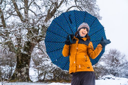 A woman in a yellow jacket and an umbrella under bare trees during winter in the town of Opakua near Vitoria in Araba, Basque Country, Spain