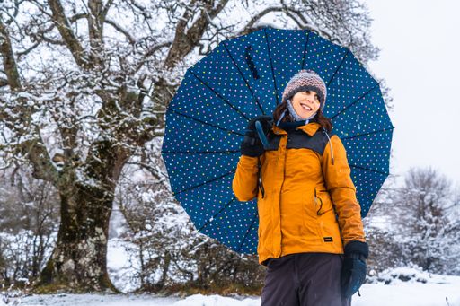 A woman in a yellow jacket and an umbrella under bare trees during winter in the town of Opakua near Vitoria in Araba, Basque Country, Spain