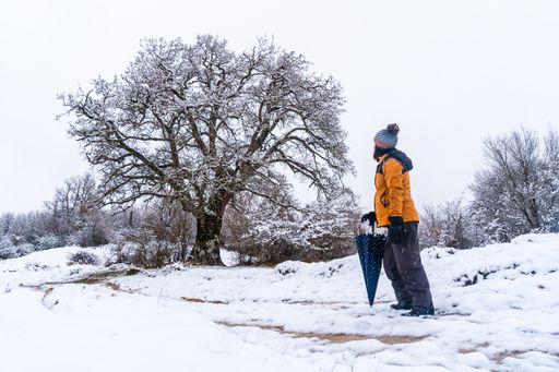 A woman in a yellow jacket walking on snowy path during winter in the town of Opakua near Vitoria in Araba, Basque Country, Spain