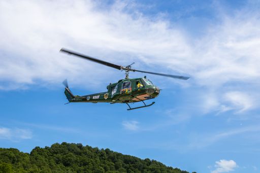A low angle shot of the HU-1A "Huey" Helicopter during the Run for the Wall Memorial Event in Nitro, WV