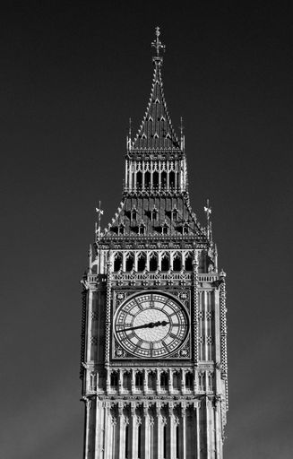 Artistic, monochrome, high-contrast, infra-red style image of Big Ben, at Houses of Parliament, London, England, Great Britain, United Kingdom. Nobody