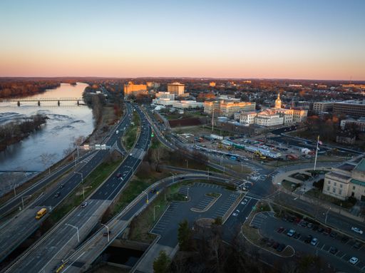 An aerial of the intersecting and paralleling highways in Trenton city, New Jersey near river Delaware