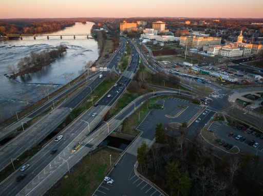 An aerial of the intersecting and paralleling highways in Trenton city, New Jersey near river Delaware