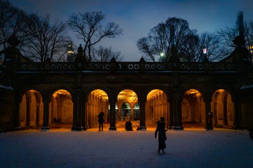 Night time at the Bethesda Terrace in New York's Central Park following a snow storm