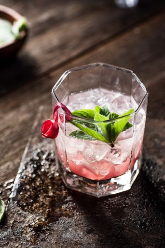 This close-up image features a delicious and refreshing Rhubarb gin cocktail drink