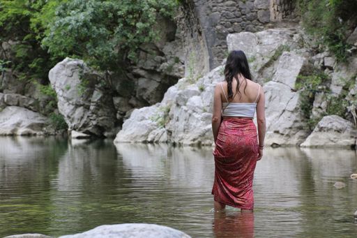 A back view of a female in a white top and pink long skirt walking in shallow waters surrounded with stones and green plants