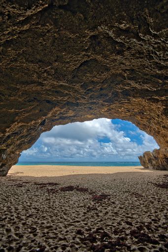 A vertical shot of the beach from a cave in sunny weather